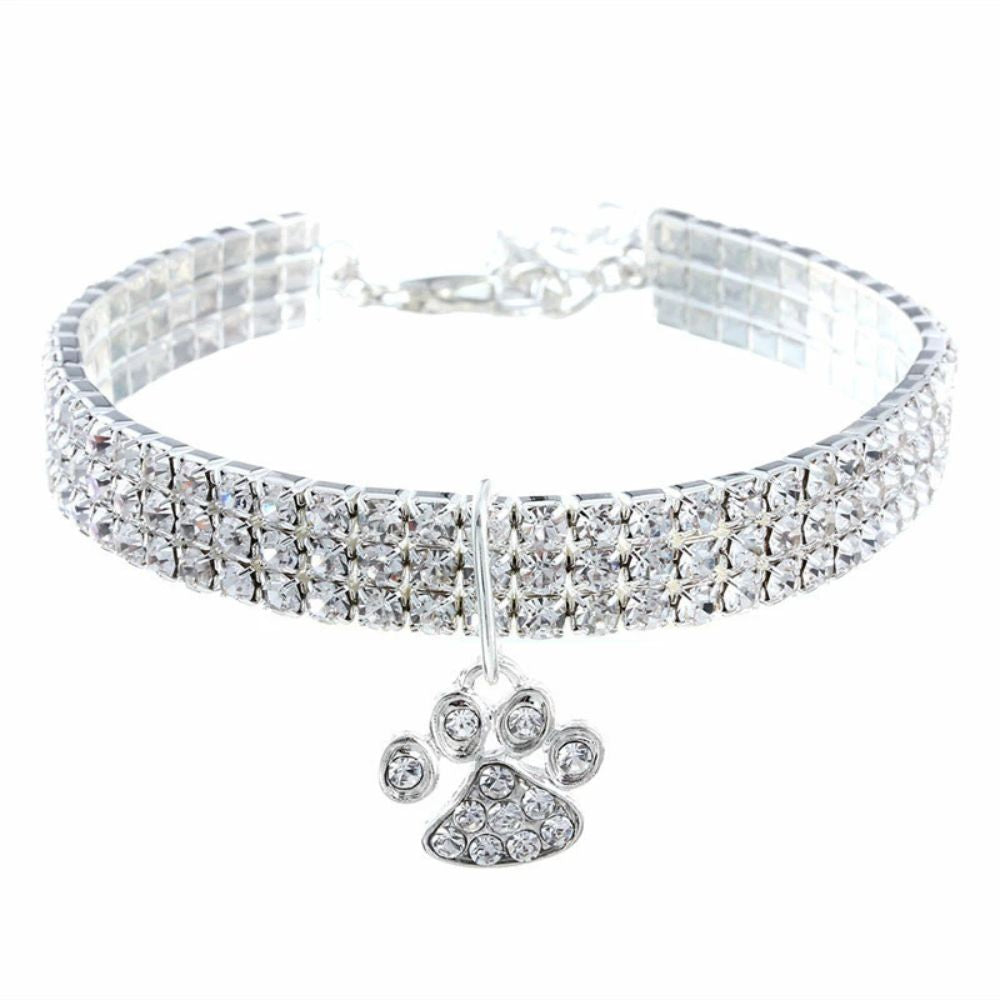 Sparkling Crystal Pet Collar – Adjustable Rhinestone Necklace with Paw Charm