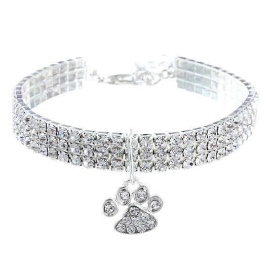 Sparkling Crystal Pet Collar – Adjustable Rhinestone Necklace with Paw Charm