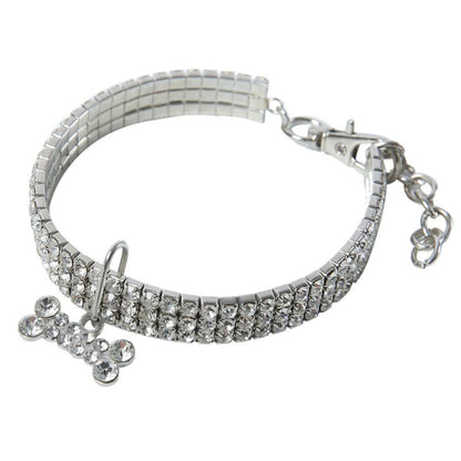 Sparkling Rhinestone Pet Necklace – Adjustable 3-Row Crystal Collar with Bone Charm