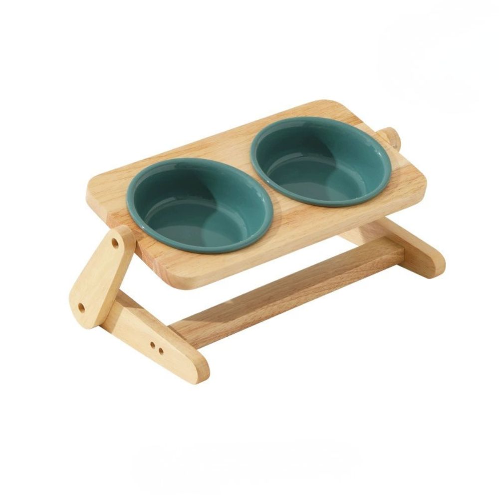 Adjustable Double Ceramic Dog Bowl with Wooden Stand