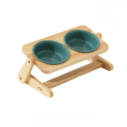 Adjustable Double Ceramic Dog Bowl with Wooden Stand