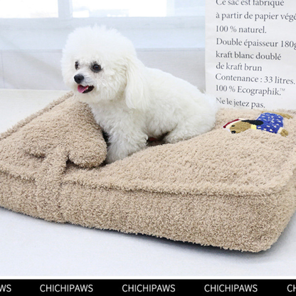 Embroidered Dachshund Plush Dog Bed with Bone Pillow