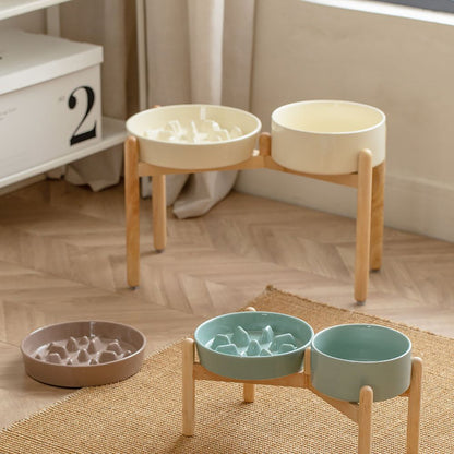 Elevated Ceramic Slow Feeder Dog Bowl with Wooden Stand