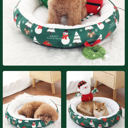 Christmas Thickened Warm Round Pet Bed for Cats and Dogs