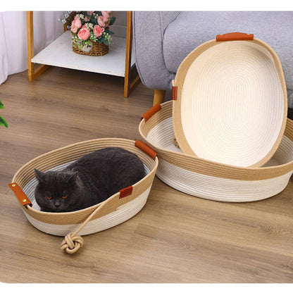 Handwoven Cotton Rope Pet Bed with Natural Rattan Texture