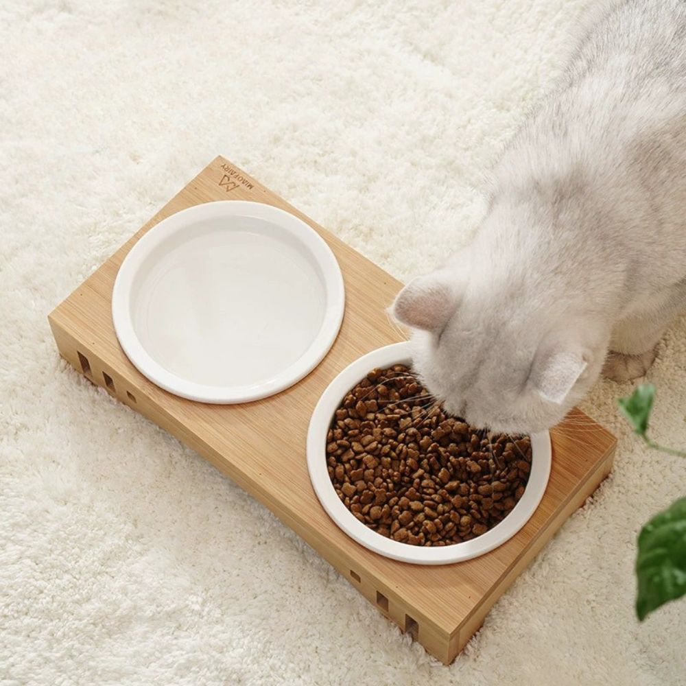 Elevated Ceramic & Bamboo Double Pet Bowl Stand