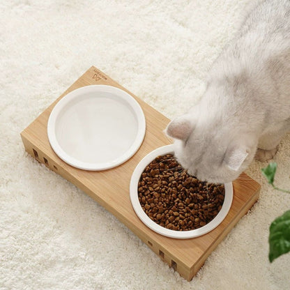 Elevated Ceramic & Bamboo Double Pet Bowl Stand
