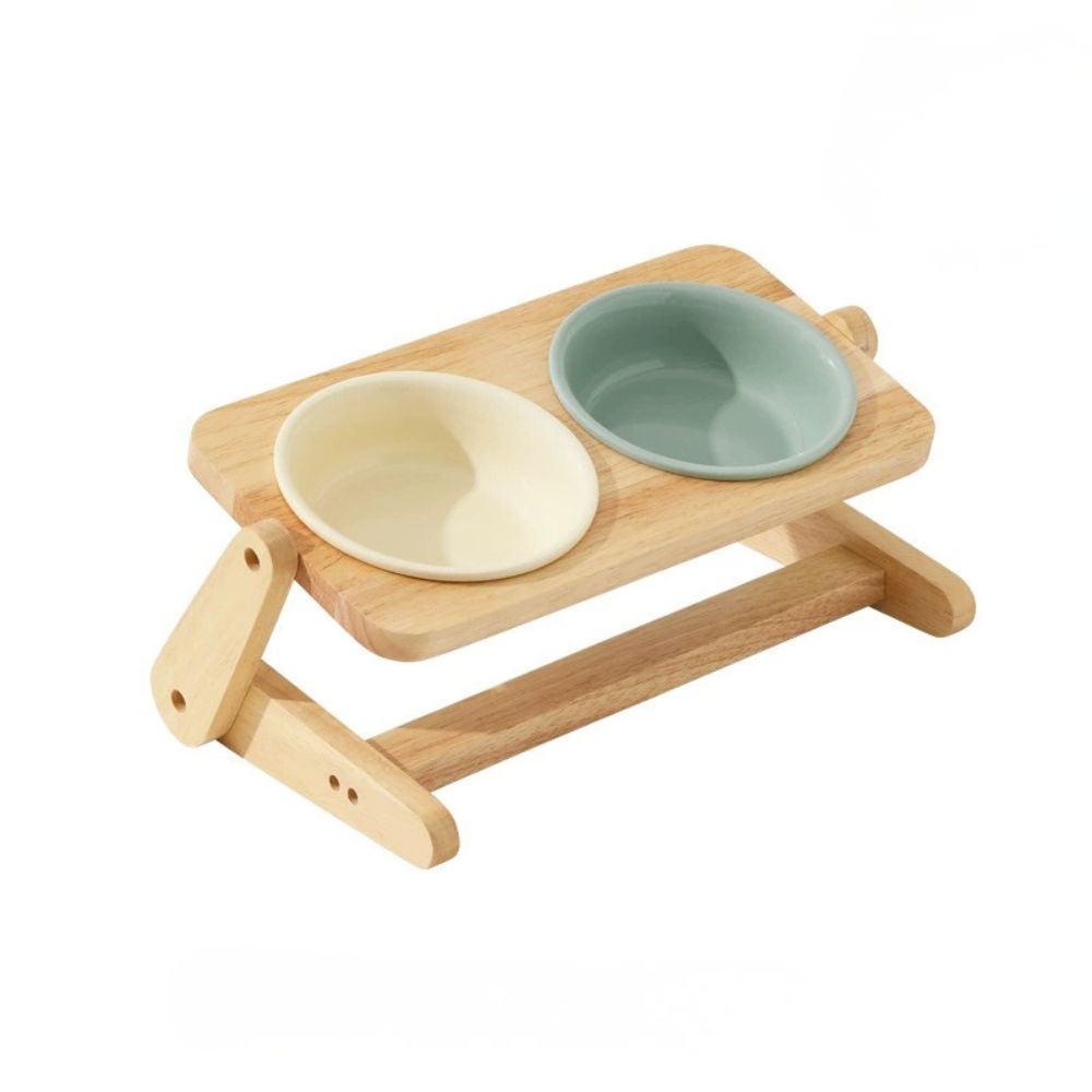 Adjustable Double Ceramic Dog Bowl with Wooden Stand