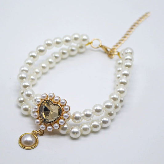 Elegant Double-Layer Pearl Pet Necklace  Heart Gem Pendant