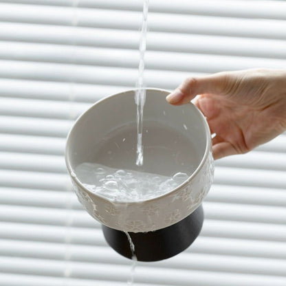 Elevated Ceramic Snowflake Pet Bowl with Wooden Stand
