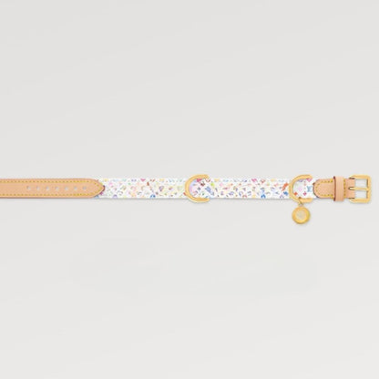 Murakami Style Genuine Leather Dog Collar with Gold Buckle