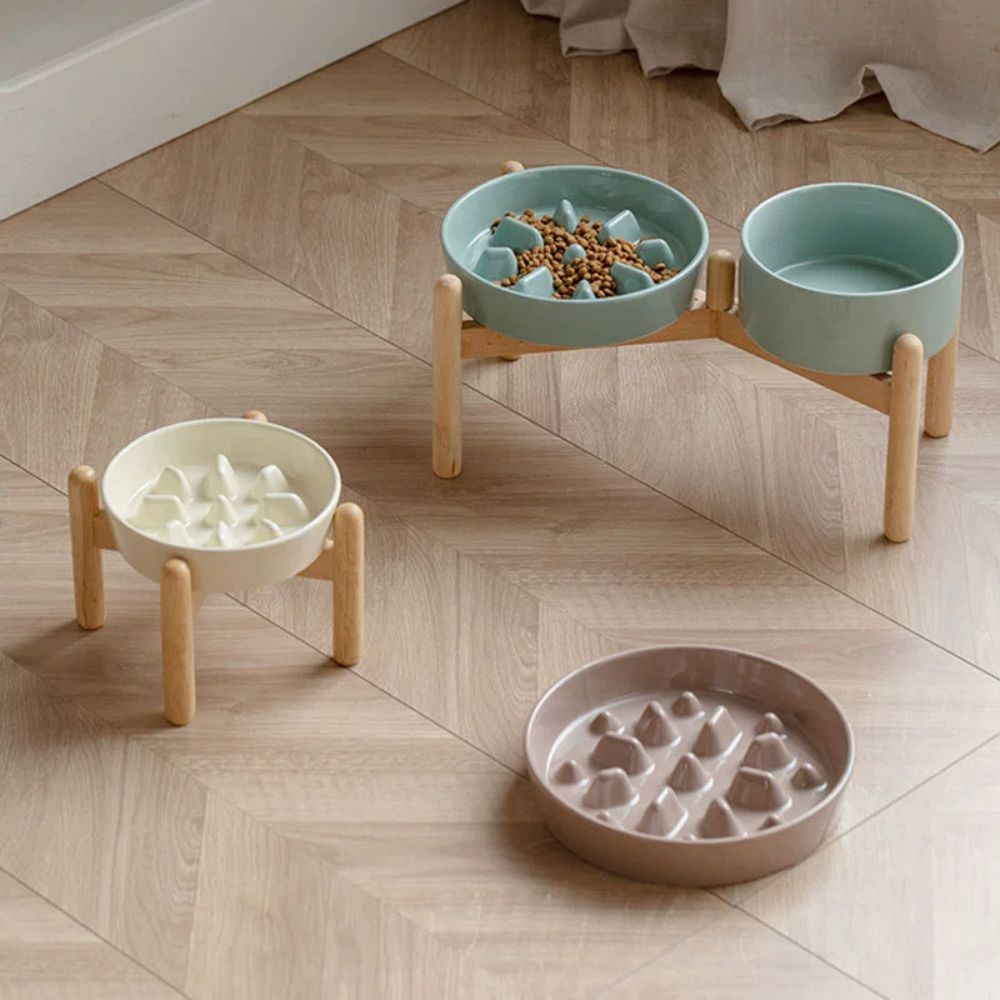 Elevated Ceramic Slow Feeder Dog Bowl with Wooden Stand