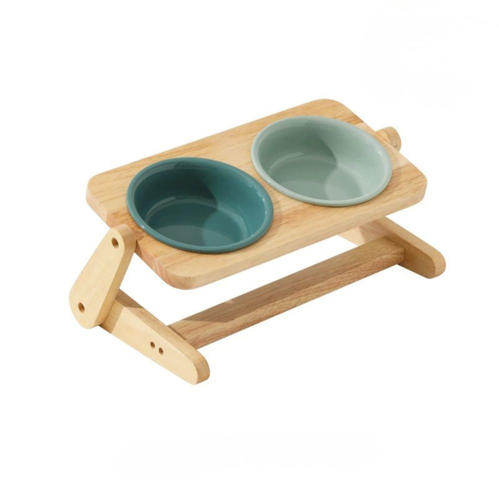 Adjustable Double Ceramic Dog Bowl with Wooden Stand
