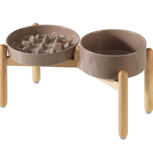 Elevated Ceramic Slow Feeder Dog Bowl with Wooden Stand