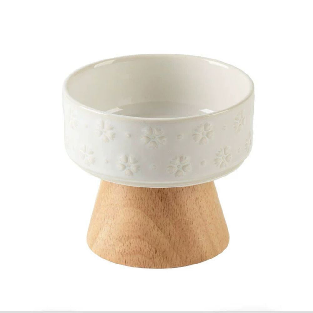 Elevated Ceramic Snowflake Pet Bowl with Wooden Stand
