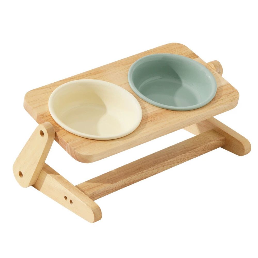 Adjustable Double Ceramic Dog Bowl with Wooden Stand