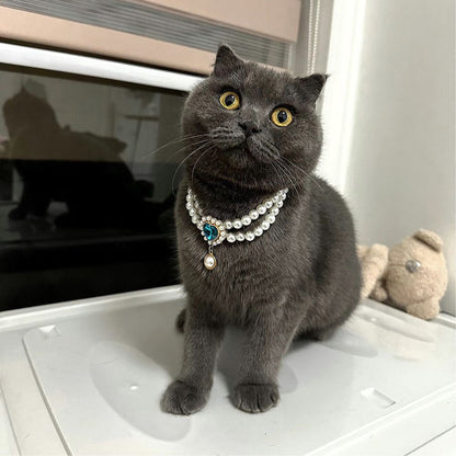 Elegant Double-Layer Pearl Pet Necklace  Heart Gem Pendant