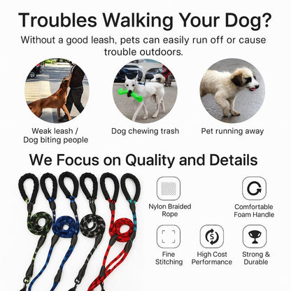Reflective Rope Dog Leash with Waste Bag Holder – Durable Anti-Pull Pet Lead